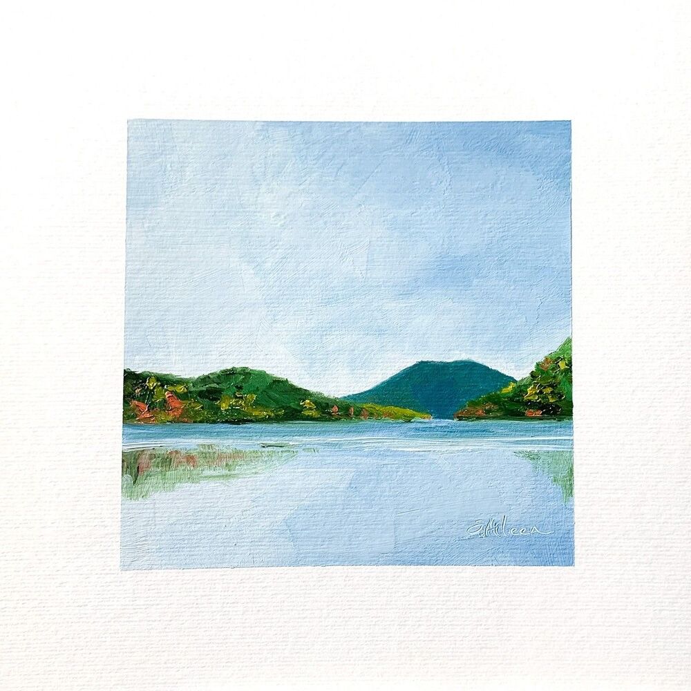8x8 Maine Original Oil Painting Acadia Jordan Pond Blue Lake New England Signed